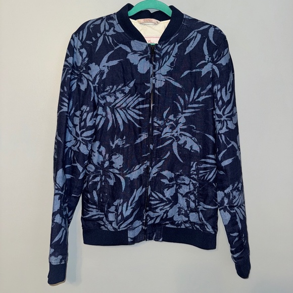EUC Zara Man Denim Couture Floral Cotton Bomber Jacket Size Medium - Picture 1 of 5